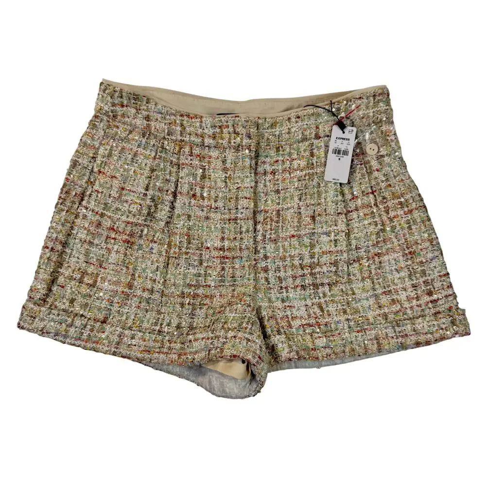 Tweed High Waisted Shorts Cream Women's 10 Chanel Inspired Parisian Vacation NWT - Picture 3 of 16